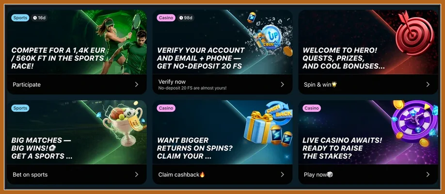 Sechs Aktionskacheln für Sport und Casino, darunter Sportrennen, Cashback, Hero-Quests und Live Casino