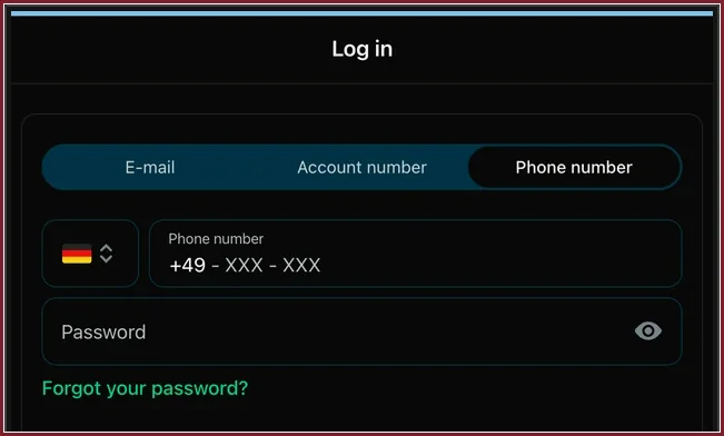 Einloggen als Voraussetzung für Auszahlungsanträge im Konto Anmeldedialog mit Reitern E-Mail, Account number, Phone number, Passwort und Link Forgot your password