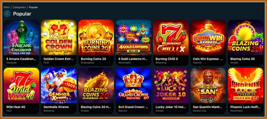 Slot-Kategorie Popular mit zwei Reihen Spielautomaten wie Burning Coins 20 und Wild Heat 40
