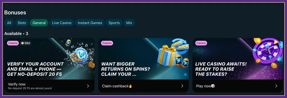 Bonusseite mit Filterreitern und drei Kacheln: 20 FS ohne Einzahlung, Cashback, Live Casino