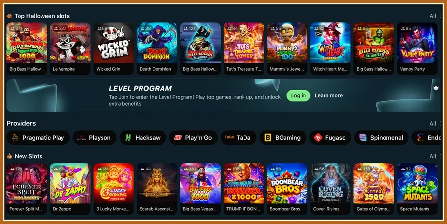 Halloween-Slots, Level-Programm-Banner mit Log-in-Knopf, Anbieterreihe und neue Spielautomaten