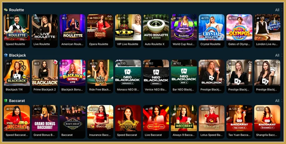 Live-Casino-Lobby mit Reihen für Roulette, Blackjack und Baccarat mit Tischkacheln