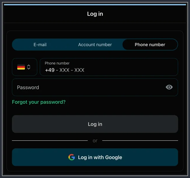 Anmeldeformular zum Einloggen im Casino-Konto Log-in-Formular mit Reitern E-Mail, Kontonummer, Telefon, Passwortfeld und Google-Anmeldung