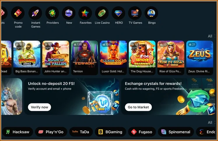 Kategorie-Symbole von Promo code bis Bingo, Slot-Reihe mit Zeus, Banner Exchange crystals