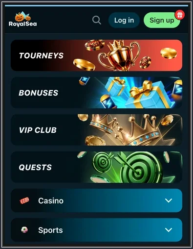 Mobiles Menü mit Log-in, Sign-up, Kacheln Tourneys, Bonuses, VIP Club, Quests, Casino, Sports