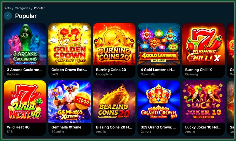 Kategorie Popular mit Hold-and-Win-Slots verschiedener Hersteller Kategorie Popular mit Slots wie Golden Crown, Gemhalla Xtreme und Lucky Joker 10