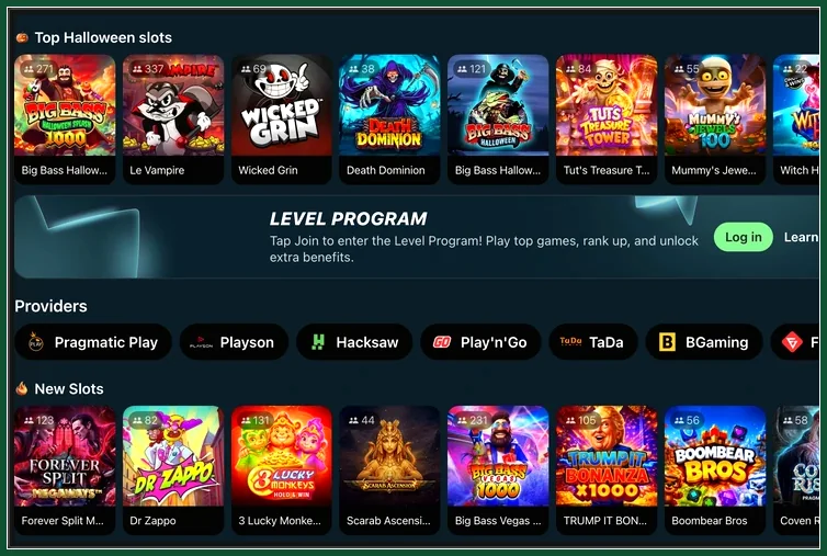 Spielautomaten-Auswahl mit saisonalen und neuen Titeln Reihen Top Halloween slots, Level Program, Providers und New Slots, etwa Dr Zappo