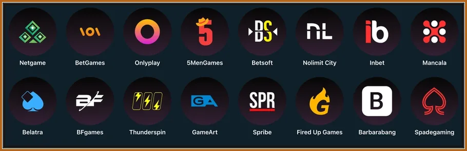 Spieleentwickler-Übersicht für das Slot-Angebot Anbieter-Logos in zwei Reihen, darunter Netgame, Betsoft, Nolimit City, Thunderspin und Spribe