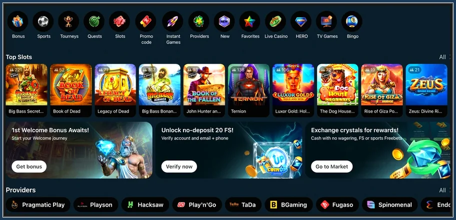 Startseite mit Kategorie-Symbolen, Top-Slots-Reihe, drei Aktionskacheln und Anbieterleiste